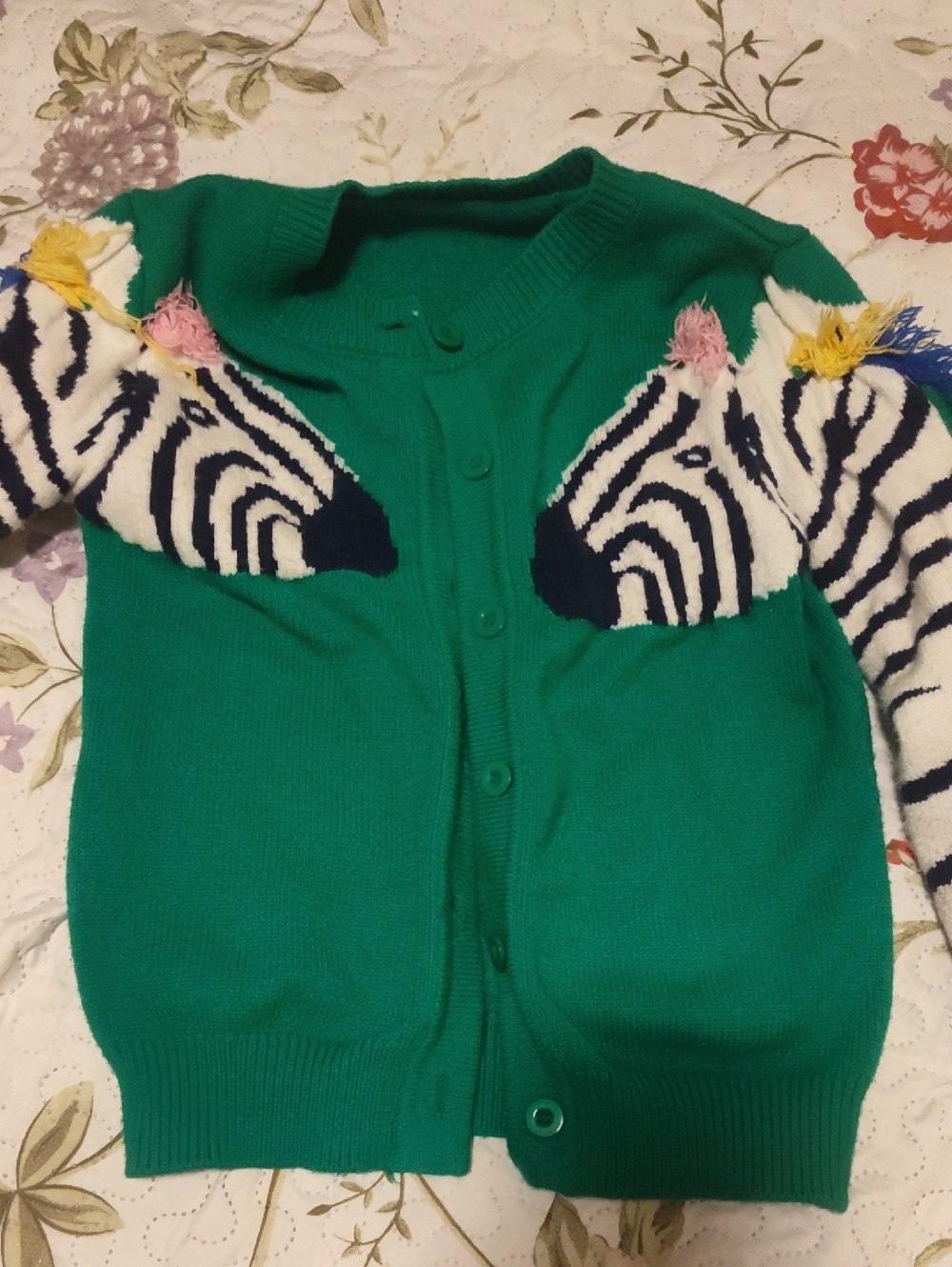 Green Cardigan with Playful Zebra Motif